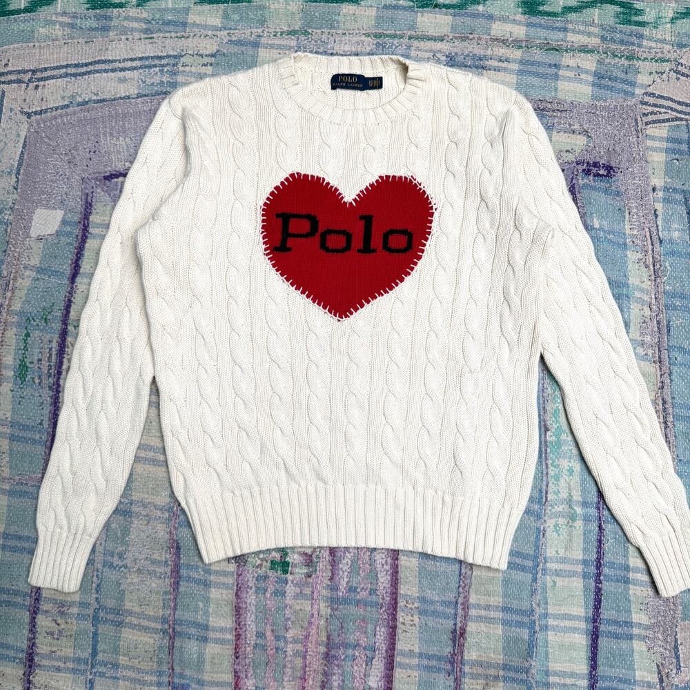 Polo Ralph Lauren Love Heart Polo Knitted Jumper Womens Cream Size XS TP